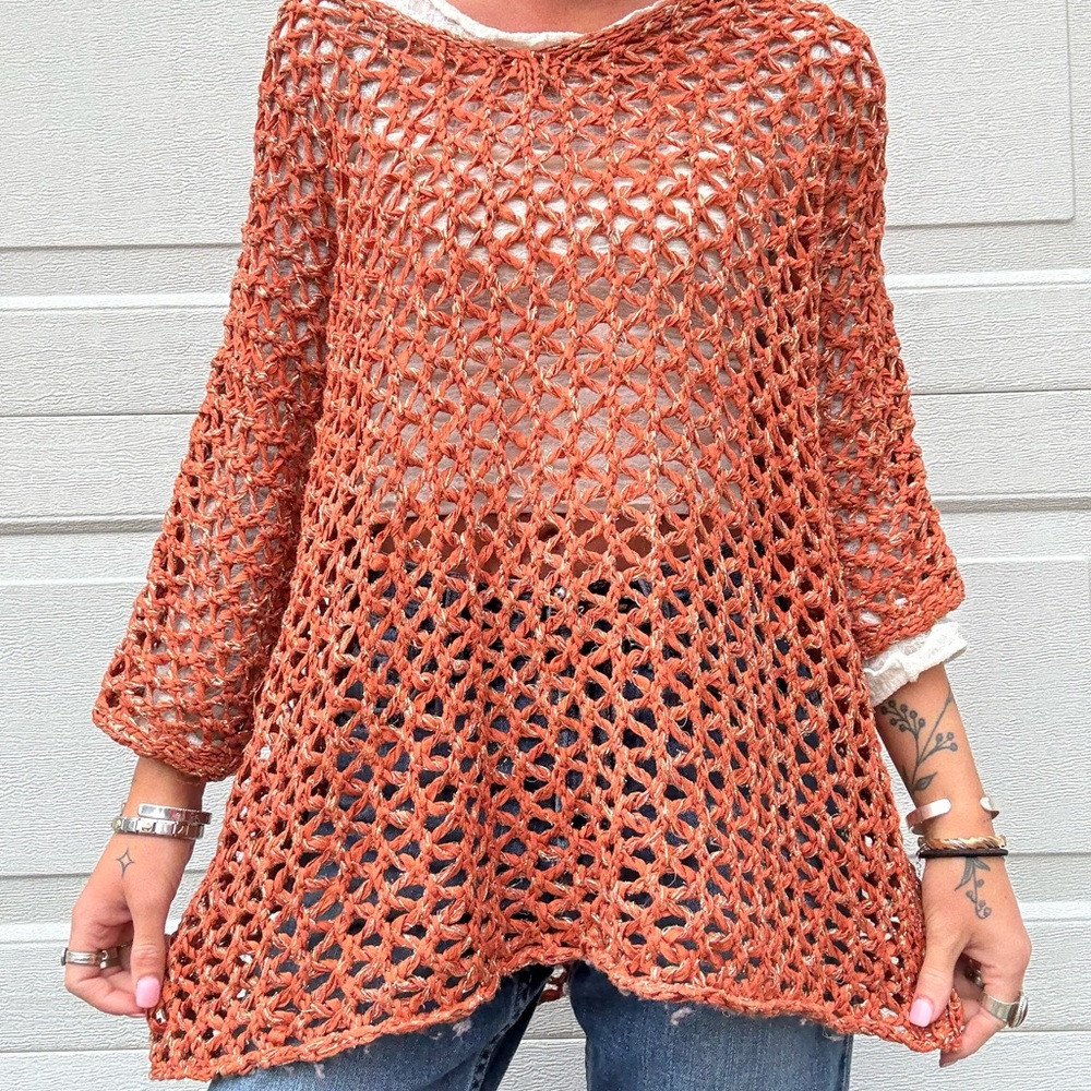 Dressbarn Orange Shimmer Crochet Top Sz Large